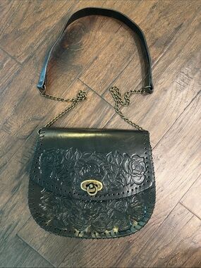 JAAG Leather and Chain Black Floral Embossed Handmade Bag